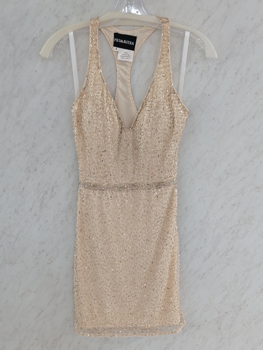Primavera Couture Champagne Sequin V-Neck Mini Dress